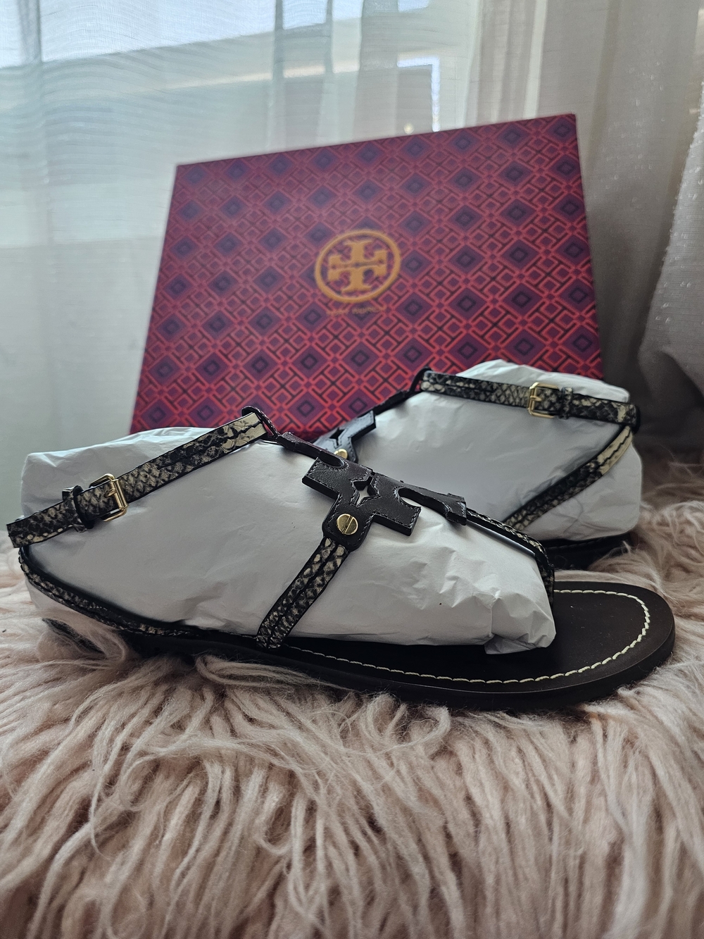 Tory Burch Dark Bronw Snake-Print Logo Thong Sandals with Gold Hardware
